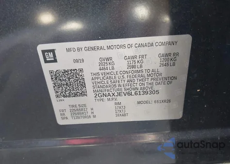 2020 Chevrolet Equinox Fwd 2Fl from USA, damaged, VIN 2GNAXJEV6L6139305